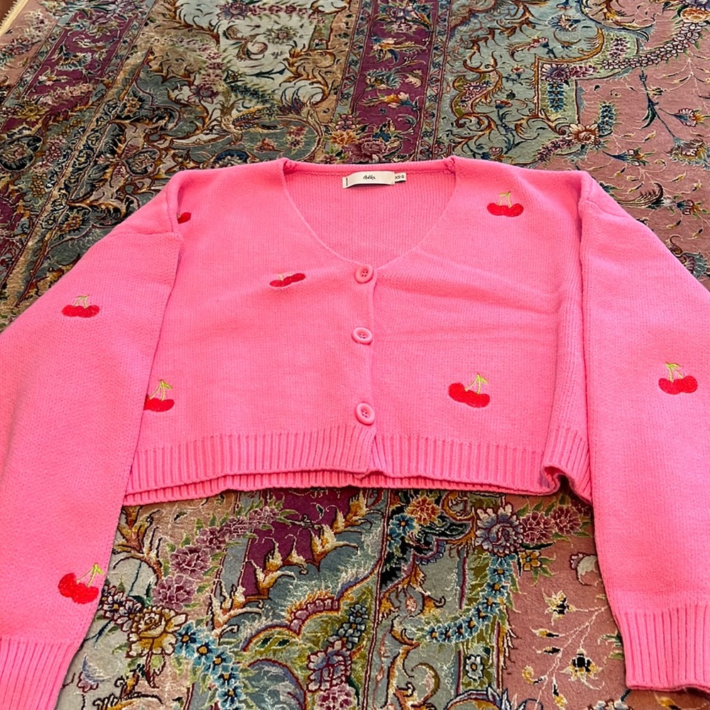Comfy stretchy pink cardigan with embroidered cherries